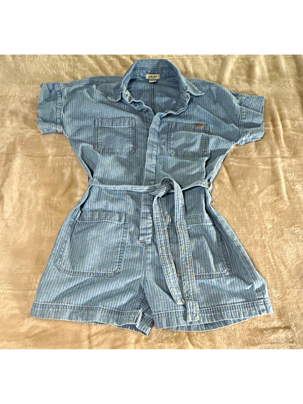 Ariat Women's Blue Herringbone Denim Romper Button Front Belted Pockets M